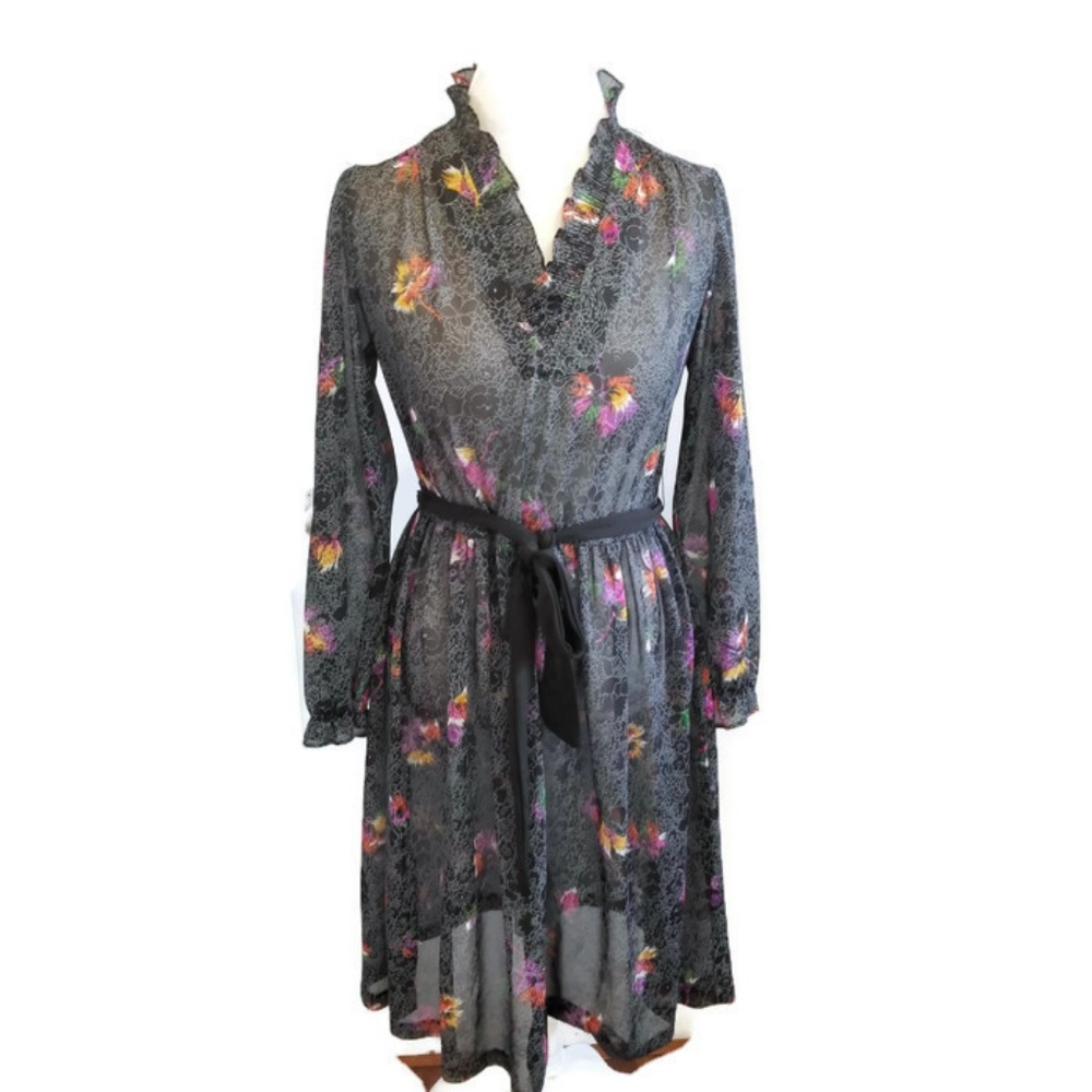 Vintage 1970’s Sheer Floral Midi Dress Black Fits 6 to 8